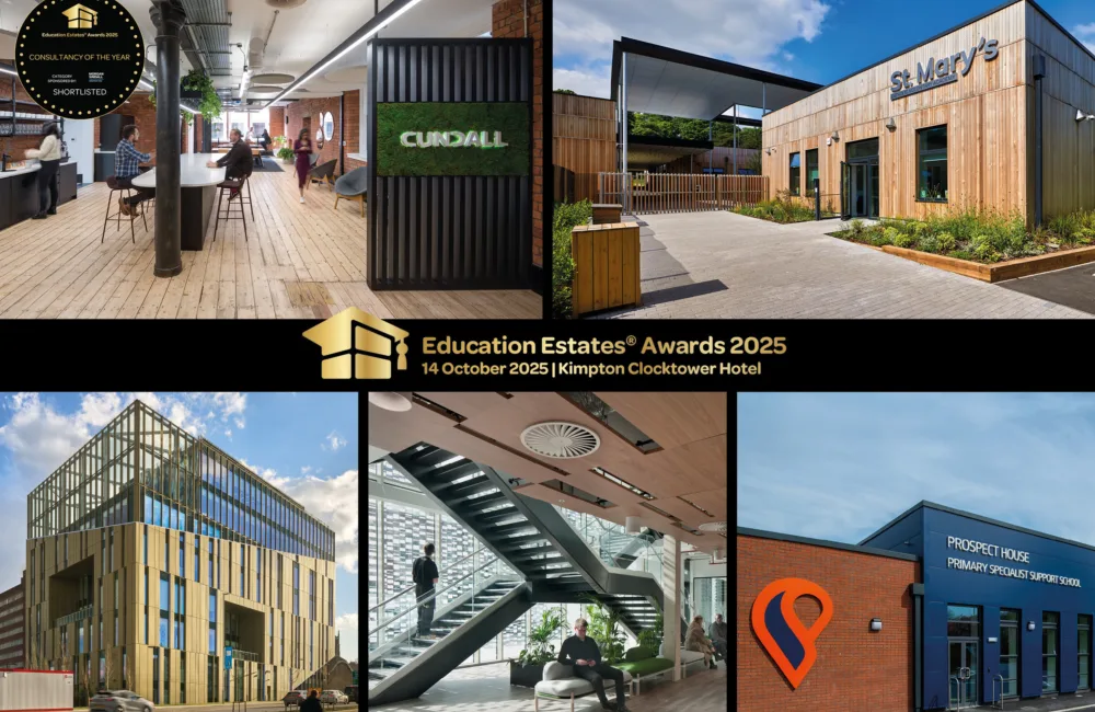 Collage of five images showing modern educational buildings and interiors. Includes office space, St. Mary's exterior, glass-fronted building, and interior with staircase. Text: “Education Estates® Awards 2025…”.