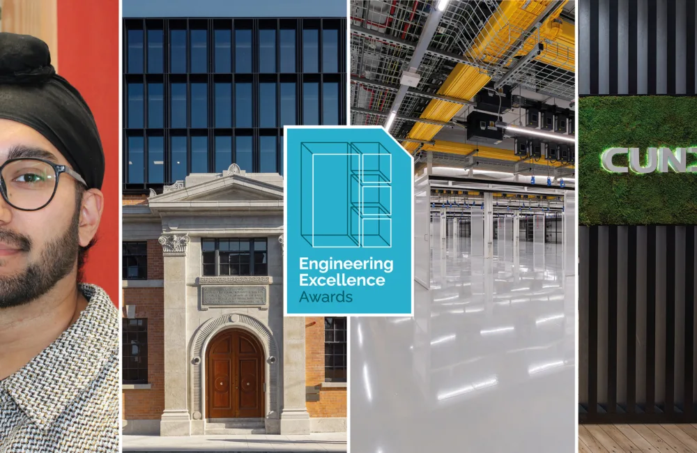 Collage of four images: Samreet Singh, a historic building with modern glass windows, “Engineering Excellence Awards” logo, industrial interior with cables, and green wall with “CUNDALL” text.
