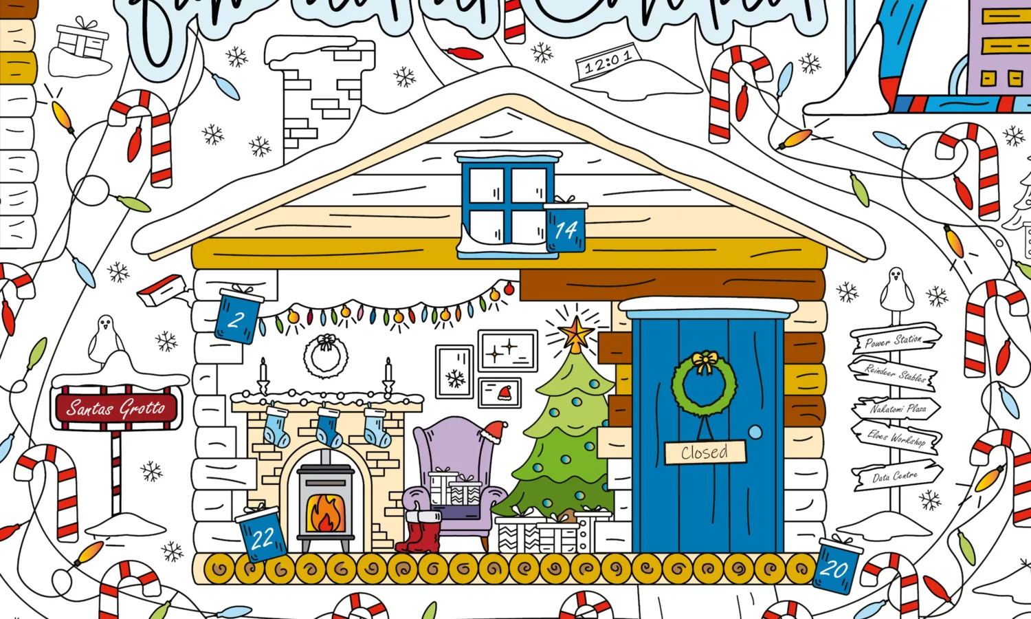 Cropped image of the Cundall Christmas card, with a 'closed' sign on the door of Santa's Grotto