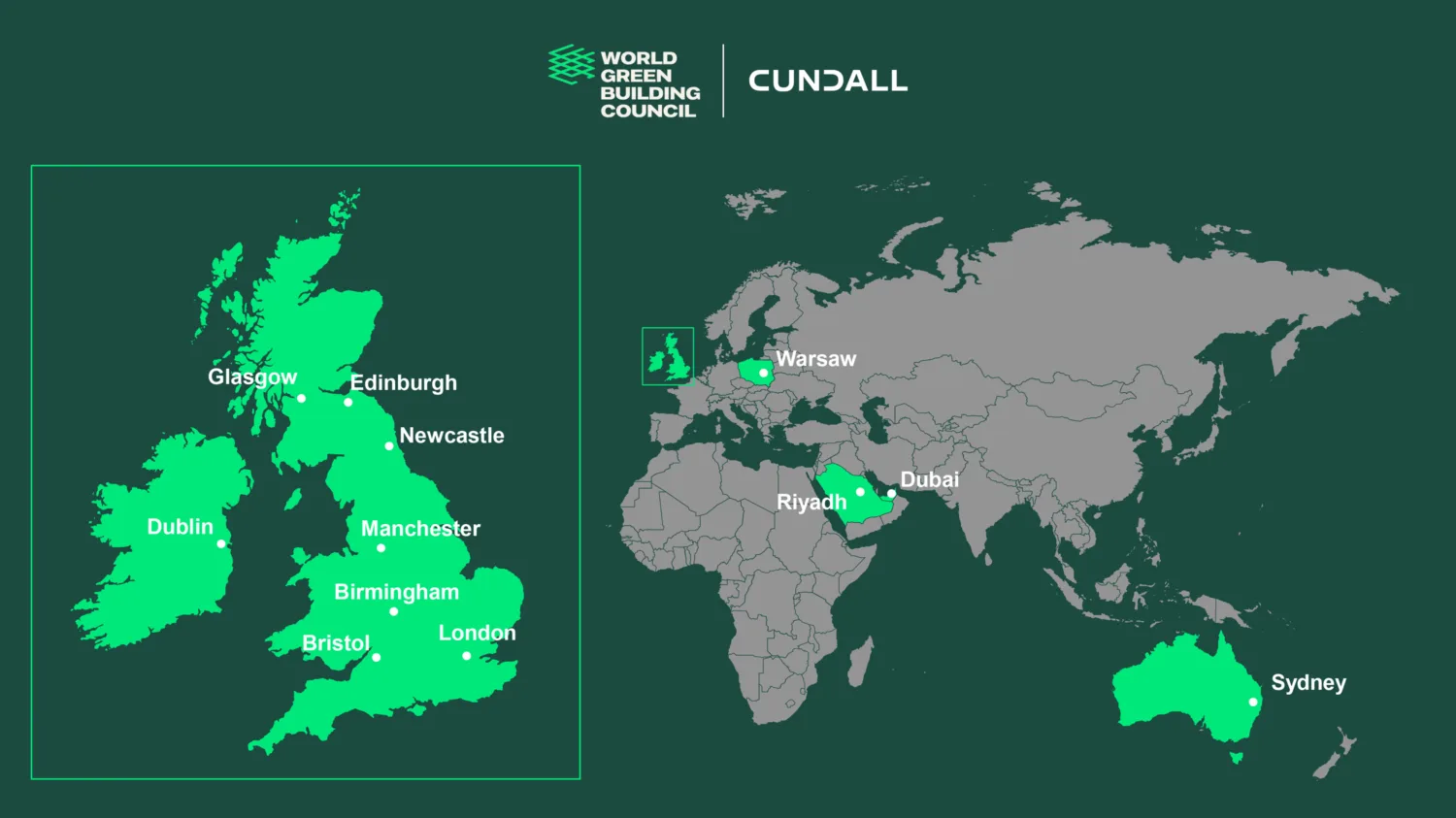 World map showing locations of Cundall's World Green Building Week 2025 events. UK inset highlights Glasgow, Edinburgh, Newcastle, Dublin, Manchester, Birmingham, Bristol, and London. Other cities include Warsaw, Riyadh, Dubai, and Sydney.