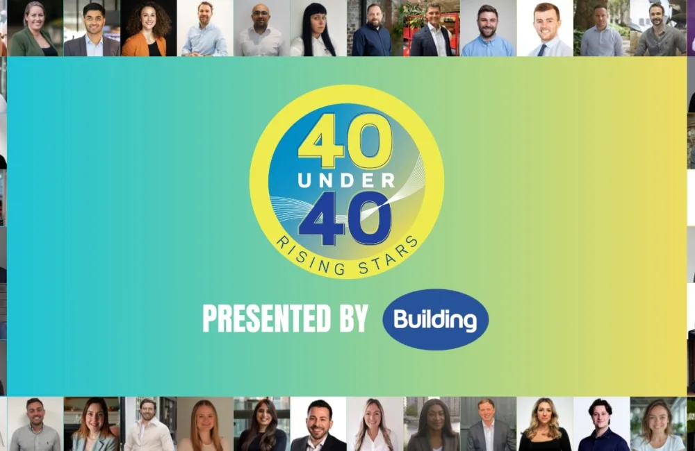 Collage with “40 UNDER 40 RISING STARS” logo in the centre, text “PRESENTED BY Building” below, and rows of individual portraits surrounding the central design on a gradient background.