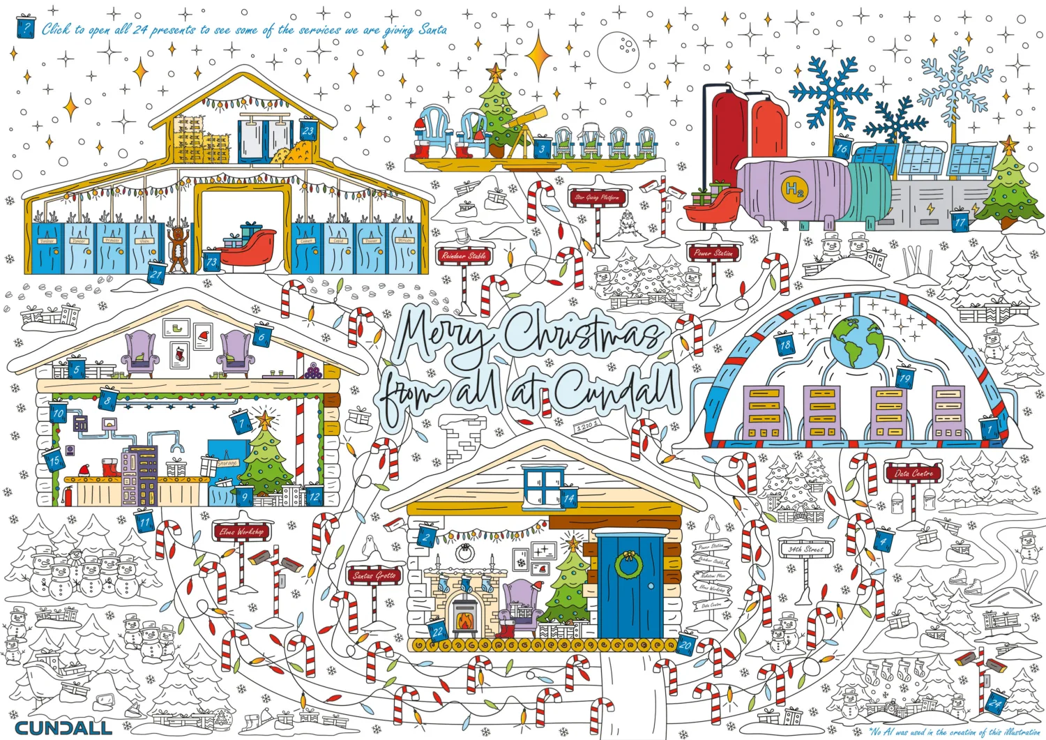 Illustrated doodle version of the north pole with text Merry Christmas from all of us at Cundall