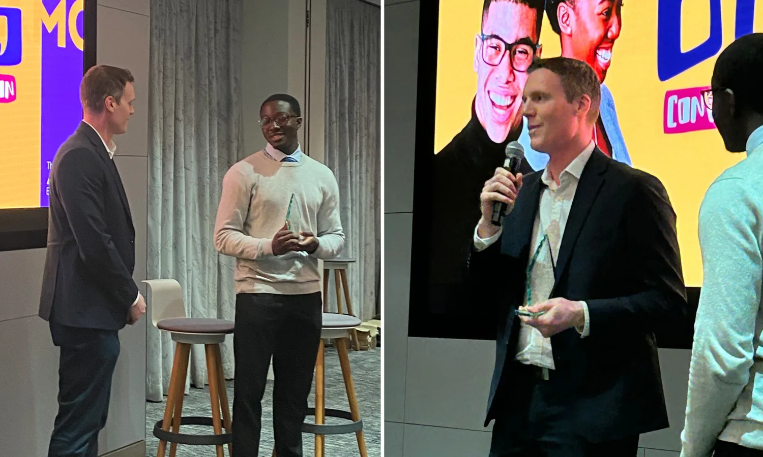 Split image of Robert receiving the award in front of a large screen