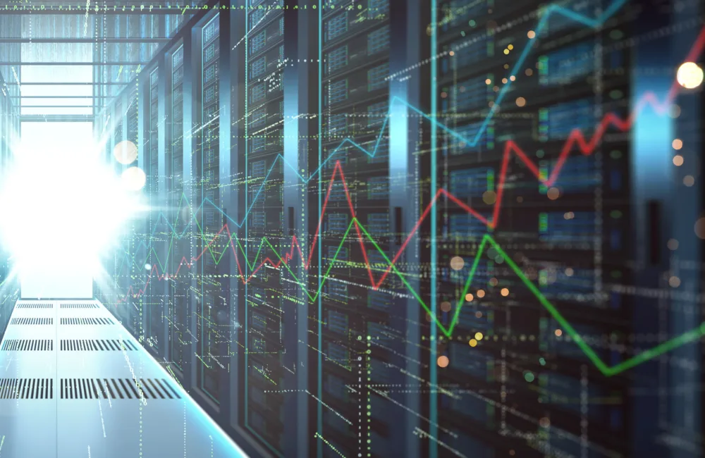 Abstract big data center storage with full of rack servers ,big data storage network and cloud computing technology concept.