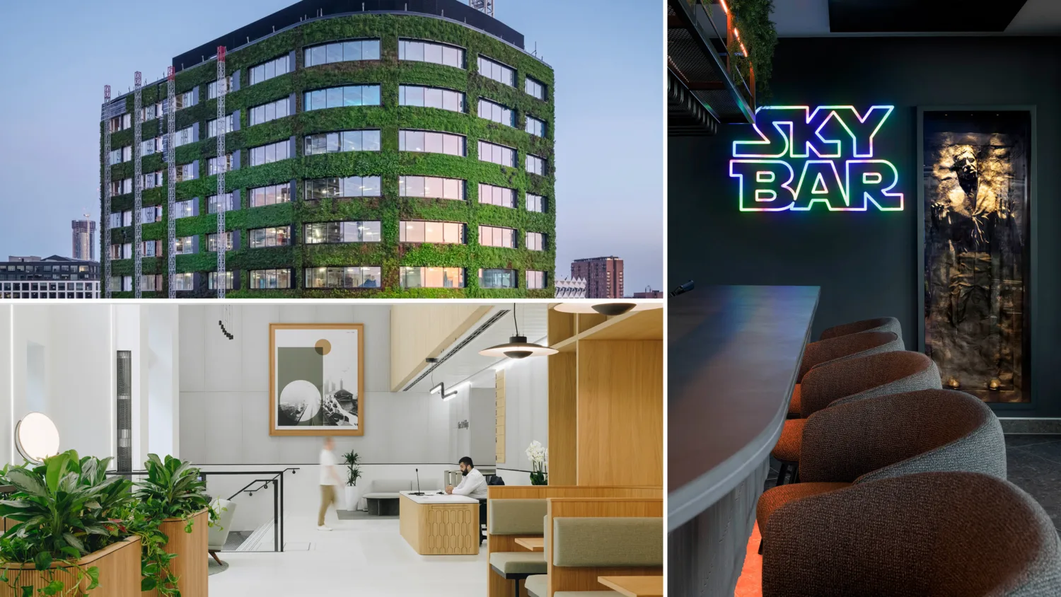 Collaged photos of Eden building at New Bailey, Star Wars themed sky bar at Arden Square, and 5 Street Philips Place