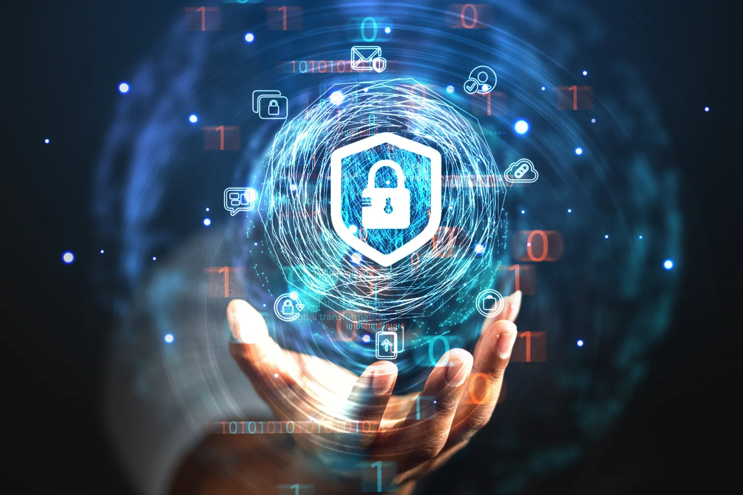 Hand holding a glowing digital sphere with a padlock icon and security symbols, surrounded by binary code.