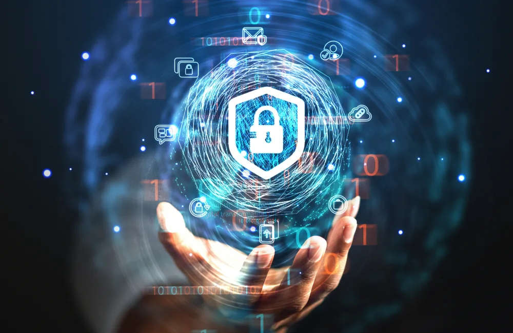 Hand holding a glowing digital sphere with a padlock icon and security symbols, surrounded by binary code.