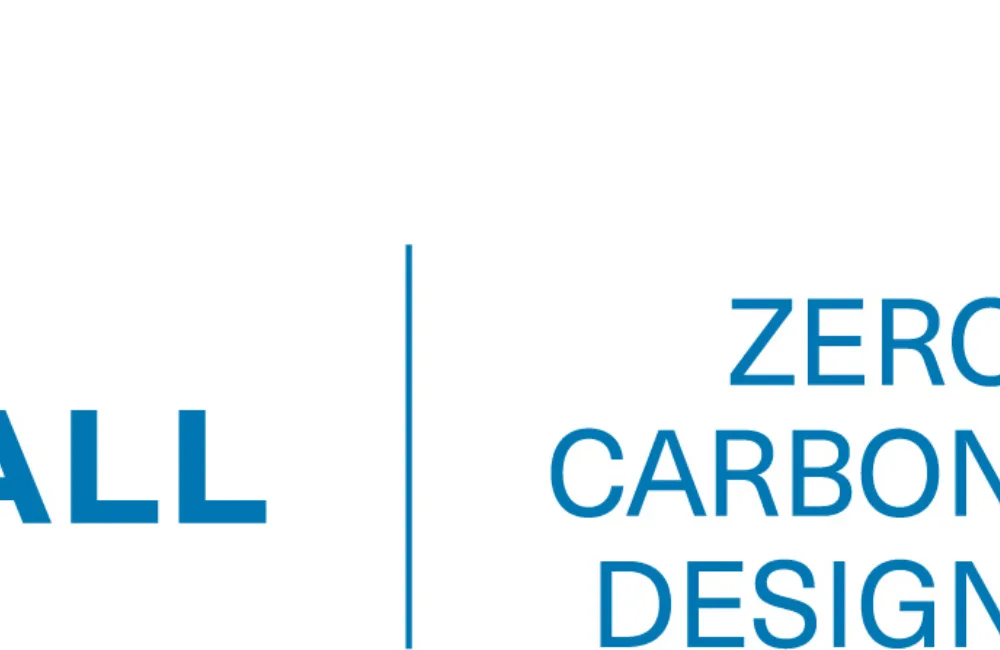 Cundall logo in blue text on the left, separated by a vertical line from “ZERO CARBON DESIGN 2030” on the right; “20” and “30” are stacked with a green and blue leaf graphic behind them.