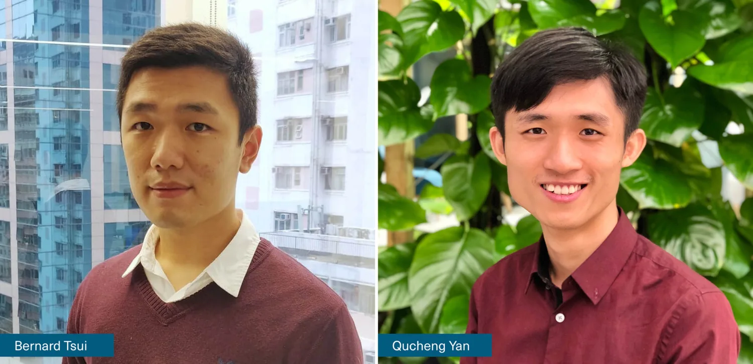 Head and sholders shot of Bernard and Qucheng, Bernard wearing burgundy jumper in front of window with high rise buildings in backgroud and Qucheng wearing burgundy jumper in front of green wall