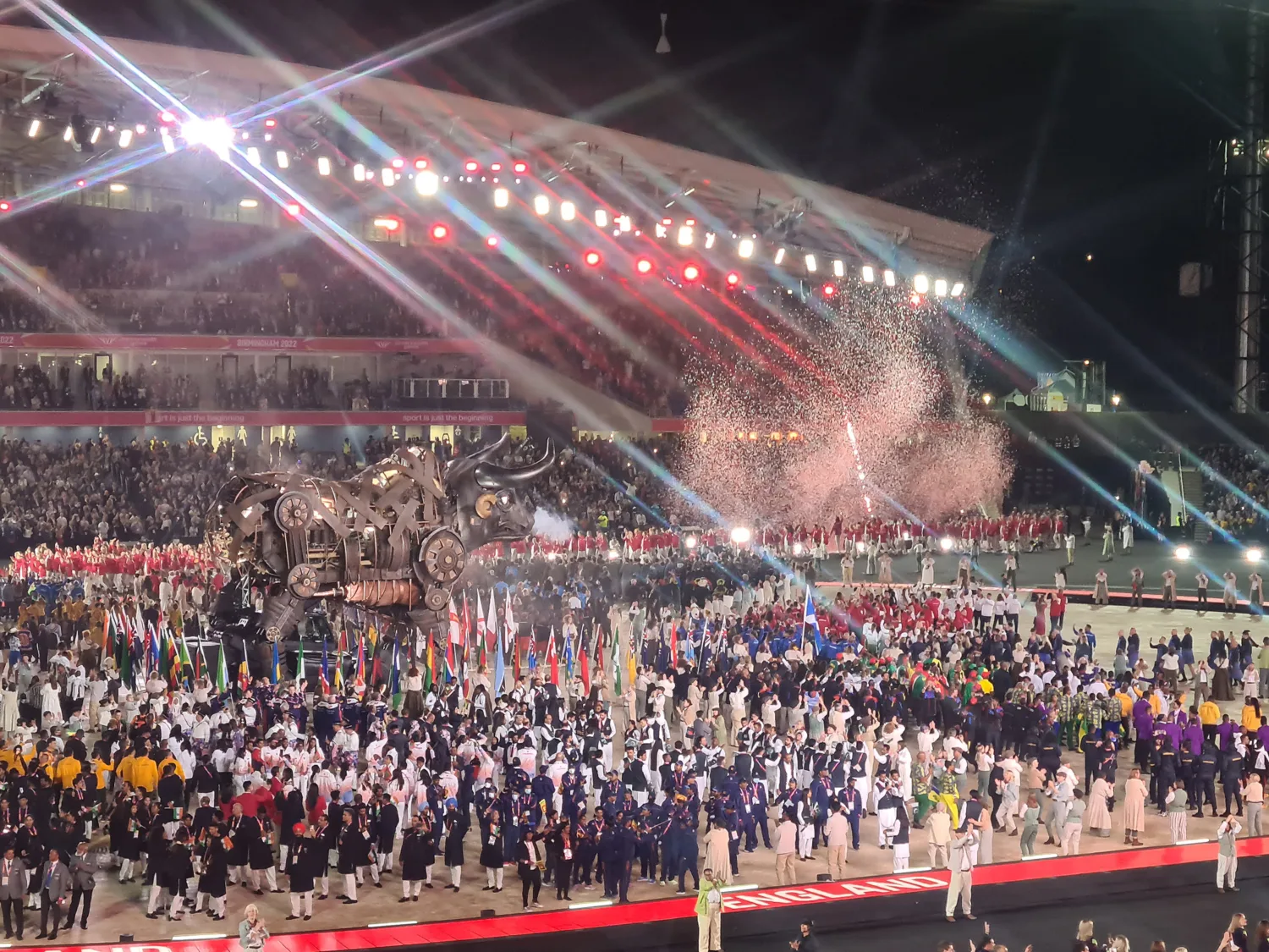 Performers gathering at the center stage for the 2022 commonwealth games