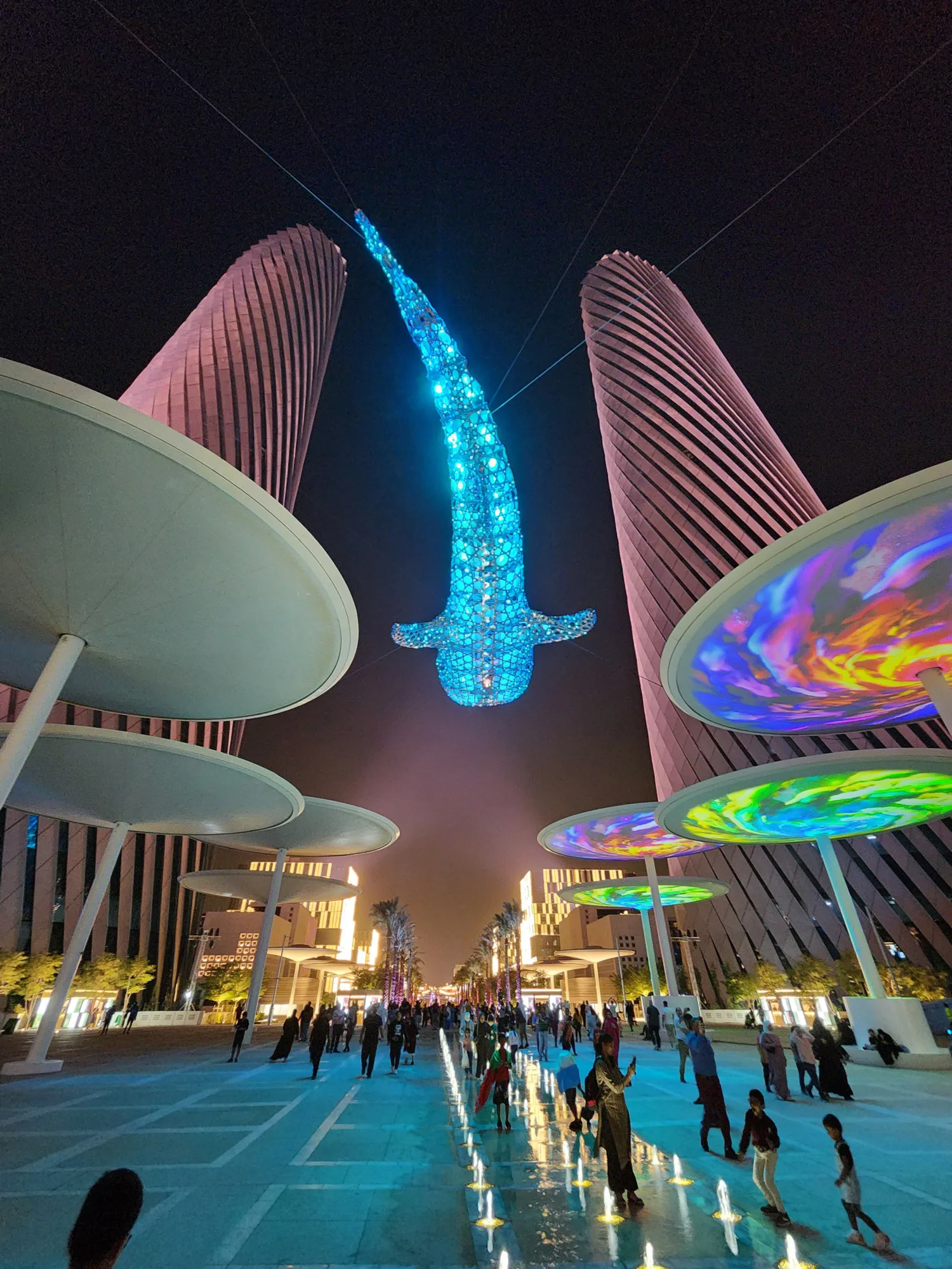 The “Al Nehem” whale shark illuminated by light at night