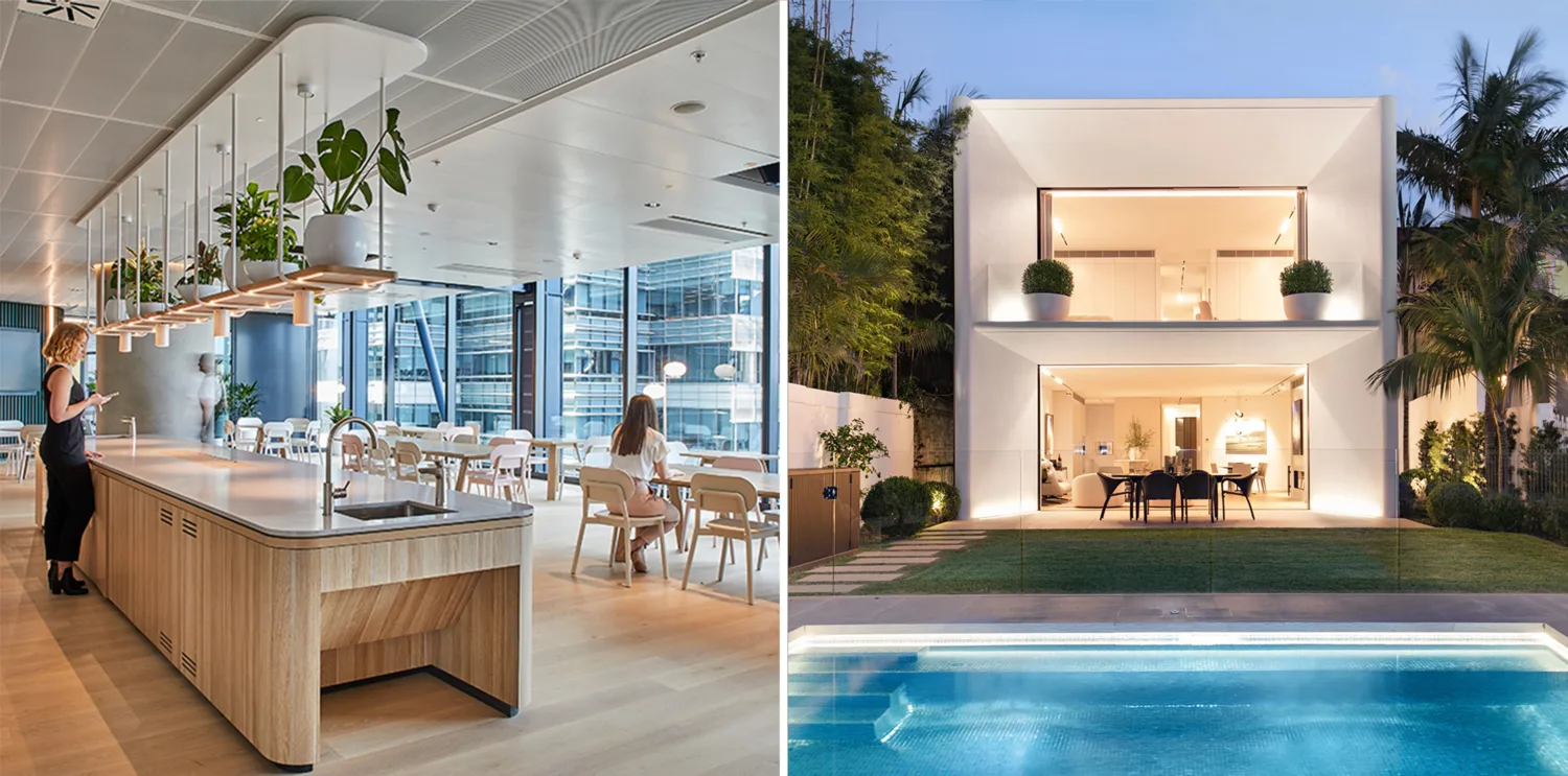 Split image of an office workplace and residential property with pool