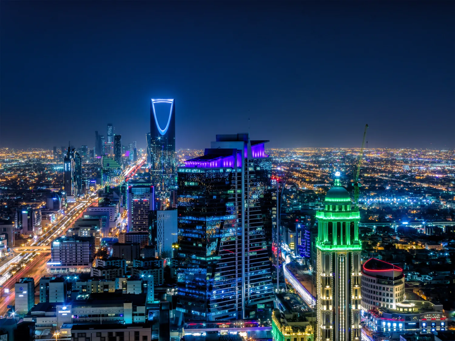 Riyadh skyline at night in Saudi Arabia
