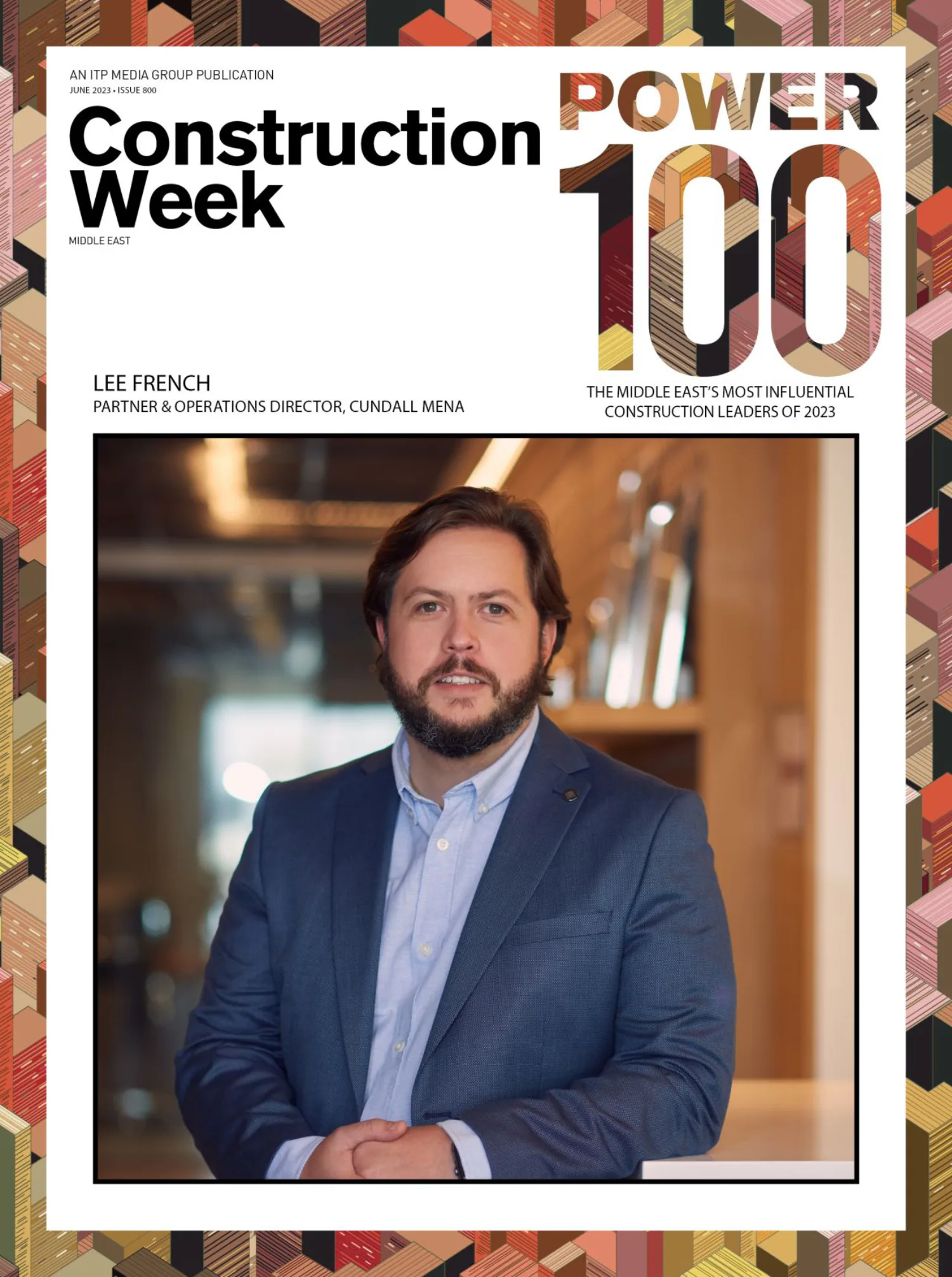 Lee French featured in the cover page mock-up of Construction Week Middle East magazine.