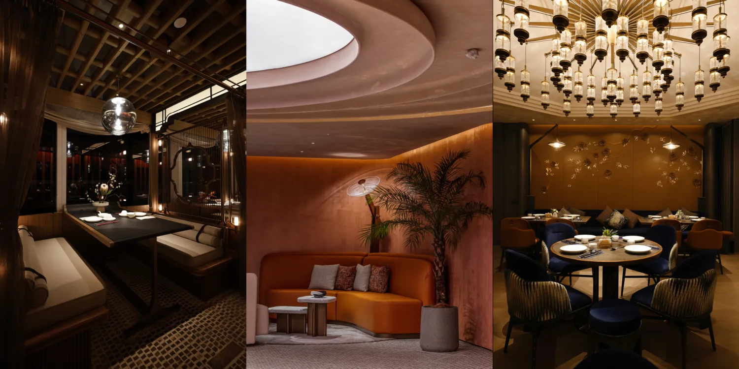 Photo collage of Azure 80 (left), GYM Town (middle) and Kitni (Right). Lighting design is showcased on each image.