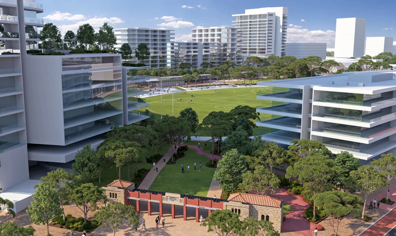 A render of the entrance to Subi East, buildings surrounding large sports field