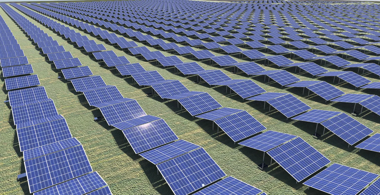 Solar panels distributed in the field.