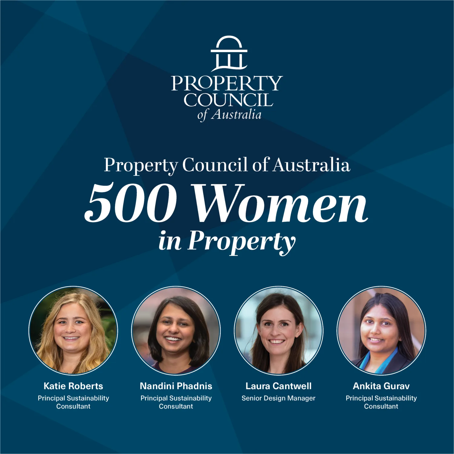 Property Council of Australia logo at the top. Text reads 'Property Council of Australia 500 Women in Property.' Below are four circular headshots with names and titles: Katie Roberts, Principal Sustainability Consultant; Nandini Phadnis, Principal Sustainability Consultant; Laura Cantwell, Senior Design Manager; Ankita Gurav, Principal Sustainability Consultant.