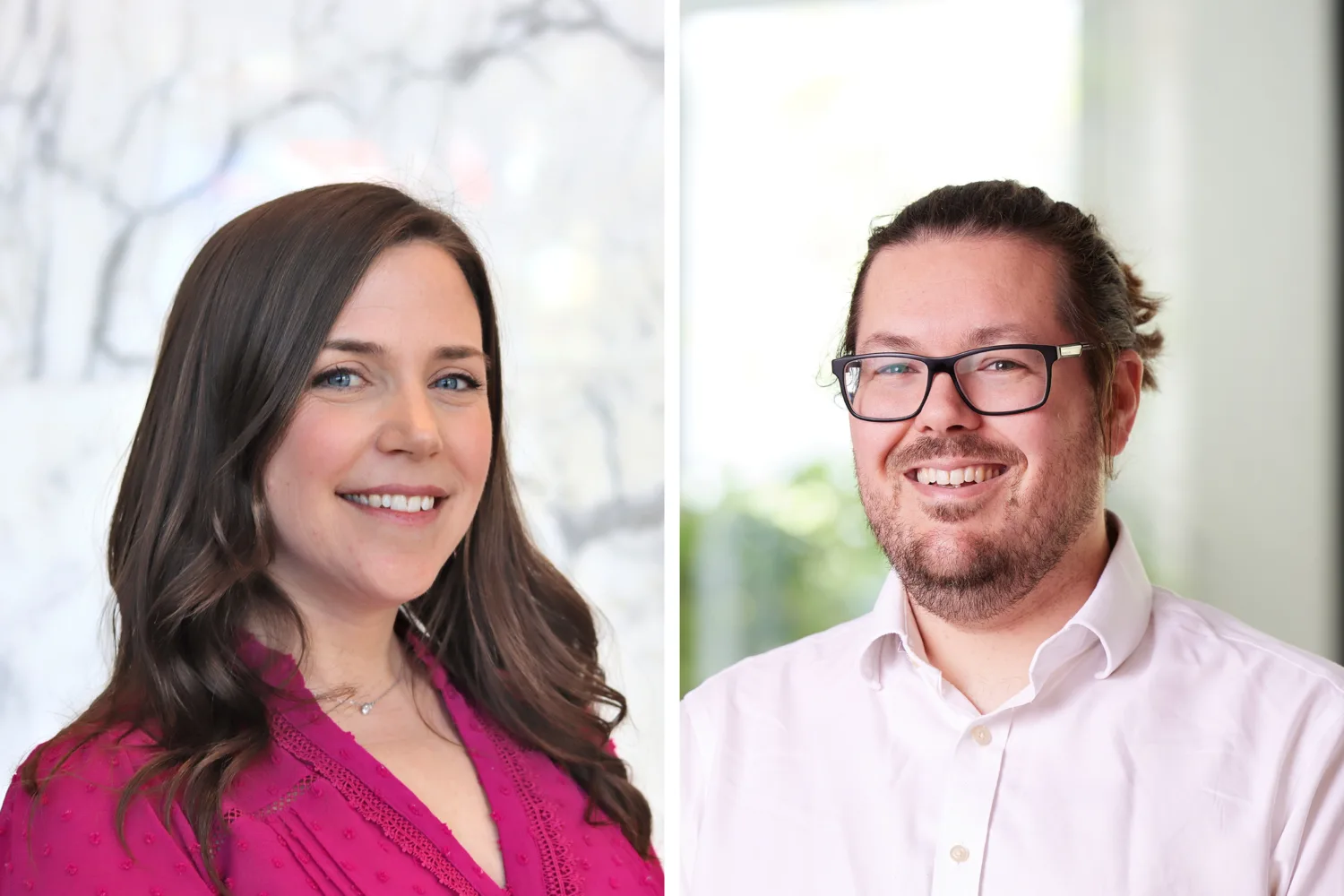left side features a woman with long wavy hair in a magenta blouse against a marble-patterned background; right side shows a person with glasses in a white shirt against a green-white blurred backdrop.