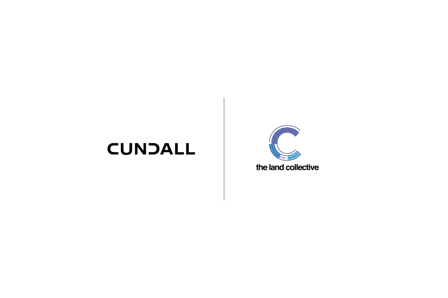 Two logos on a white background. Left logo reads 'CUNDALL' in black uppercase letters. Right logo shows a stylized blue and purple 'C' with 'the land collective' in lowercase black letters below.