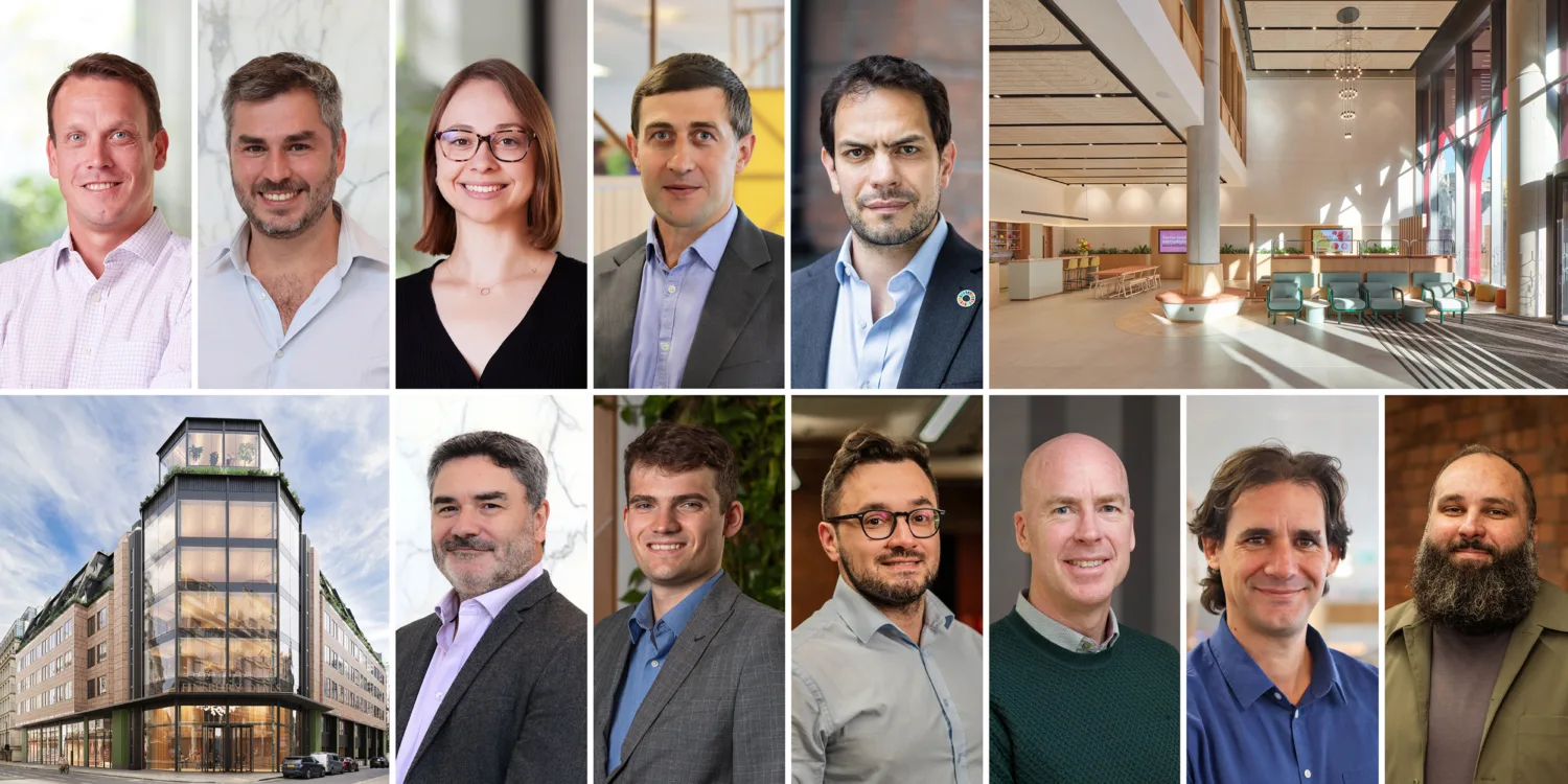 A collage features ten portrait-style photographs of individuals arranged in two rows, alongside two images of modern multi-storey buildings. The portraits show people in various indoor settings, while the buildings display contemporary architectural designs.