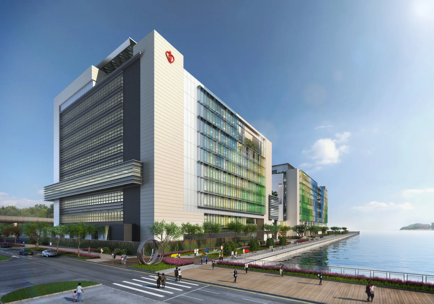 Render of the Hong Kong Children's Hospital next to the water