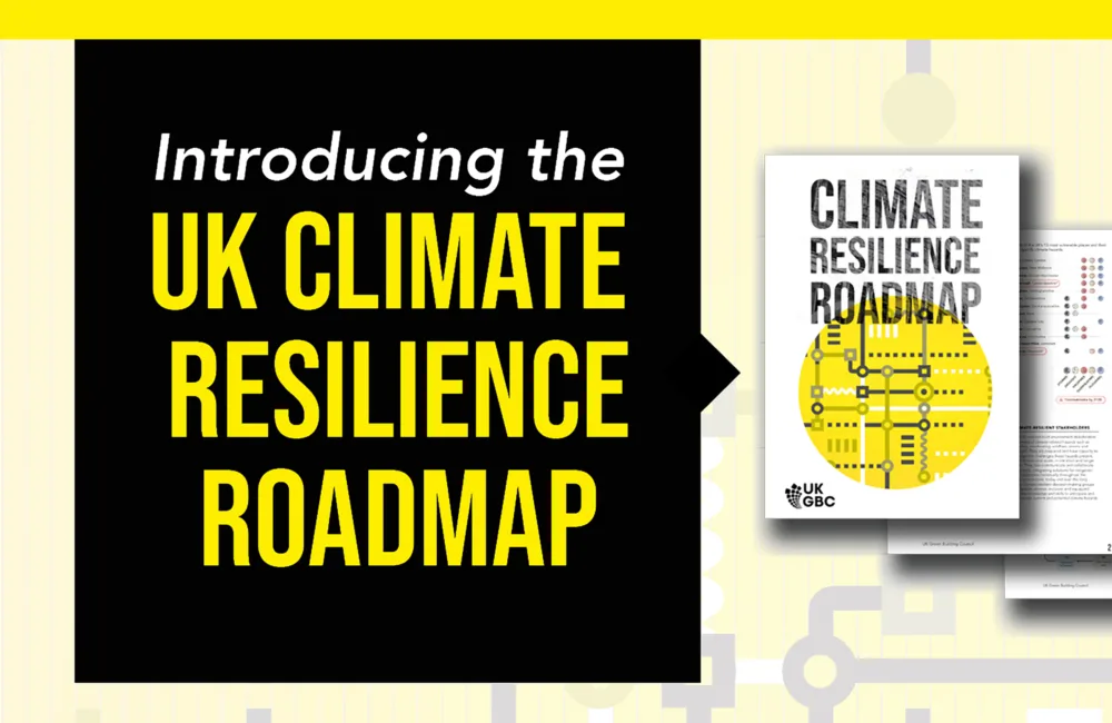 A promotional image for the UK Climate Resilience Roadmap. Left side has black background with yellow text: 'Introducing the UK Climate Resilience Roadmap.' Right side shows the roadmap cover with a yellow circular graphic and additional pages behind it.
