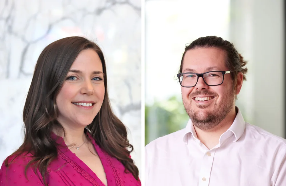left side features a woman with long wavy hair in a magenta blouse against a marble-patterned background; right side shows a person with glasses in a white shirt against a green-white blurred backdrop.