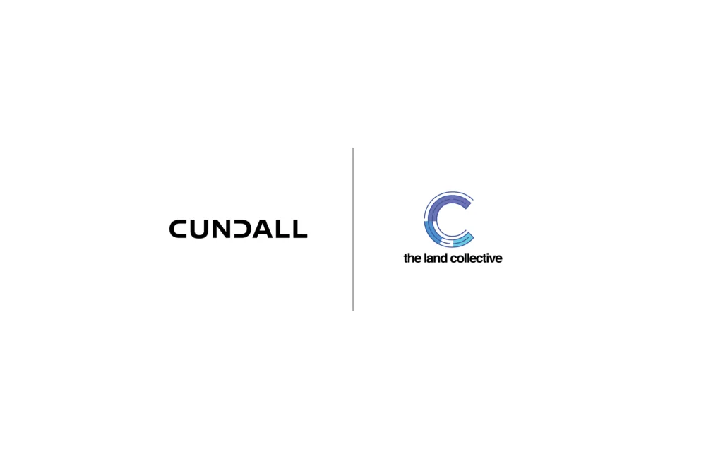 Two logos on a white background. Left logo reads 'CUNDALL' in black uppercase letters. Right logo shows a stylized blue and purple 'C' with 'the land collective' in lowercase black letters below.