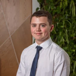 Person wearing a white dress shirt and dark patterned tie is seated indoors. Background features a wooden panel with diagonal lines on the left and a green vertical plant wall on the right.