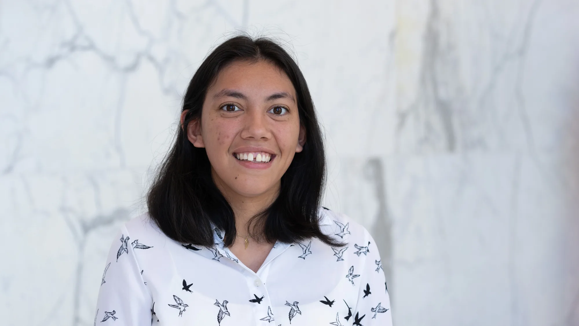 Hannah standing against a light gray marble wall, wearing a white button-up shirt patterned with black bird silhouettes. She has shoulder-length dark hair and is centered in the frame.