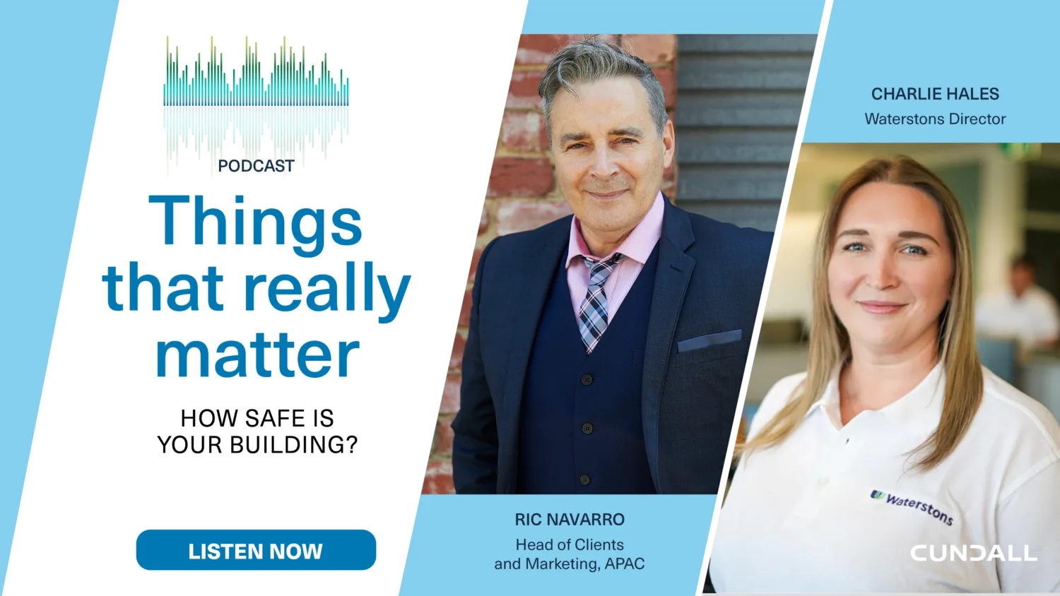 Split graphic showing the podcast details and headshots of both presenters