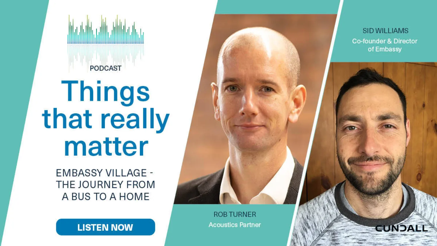 Split graphic showing the podcast details and headshots of both presenters