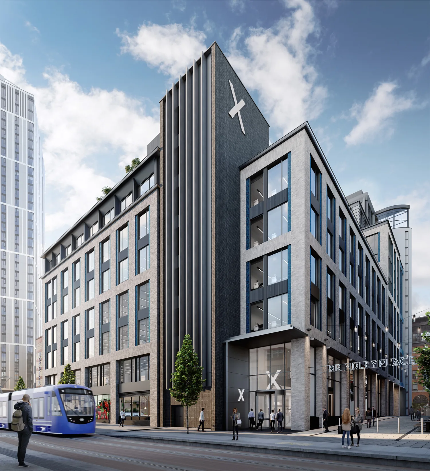 Exterior view of Brindleyplace from the roadside, highlighting its modern features.