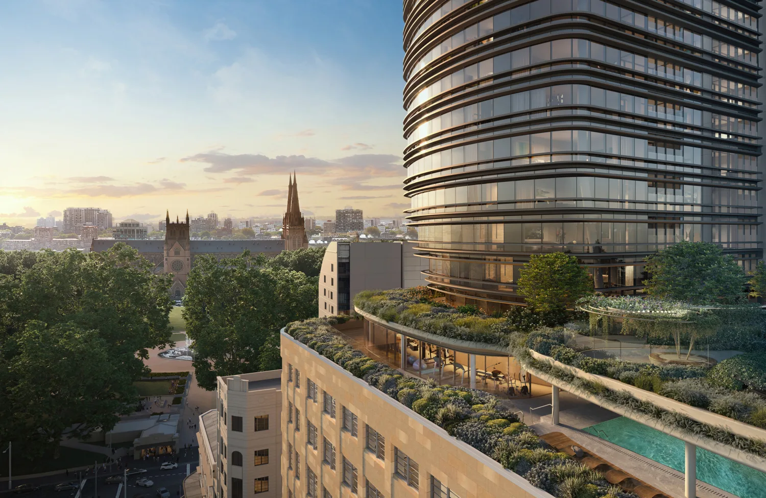 Artist impression of roof top and city views