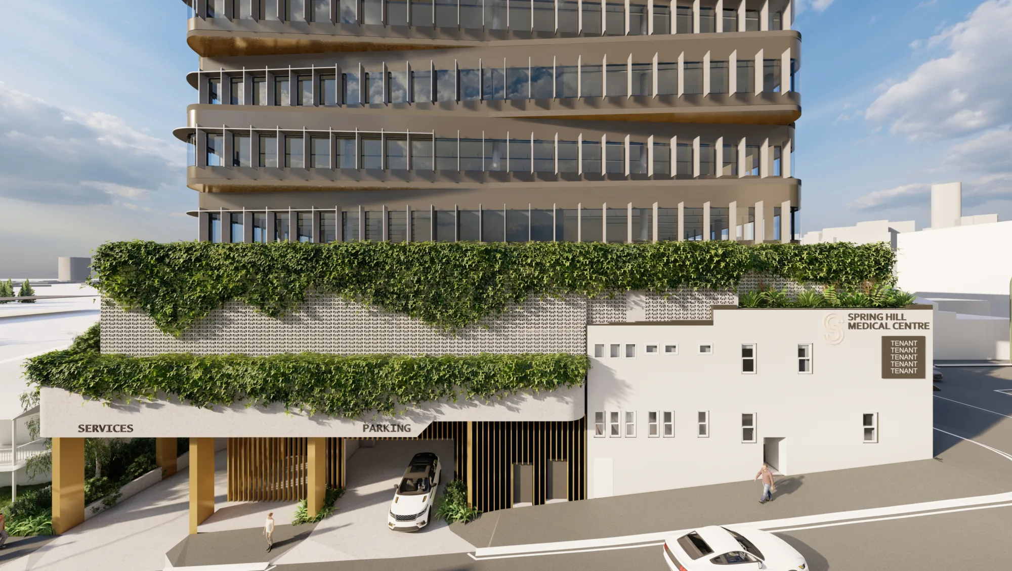 Elevated view of centre car park entryway.