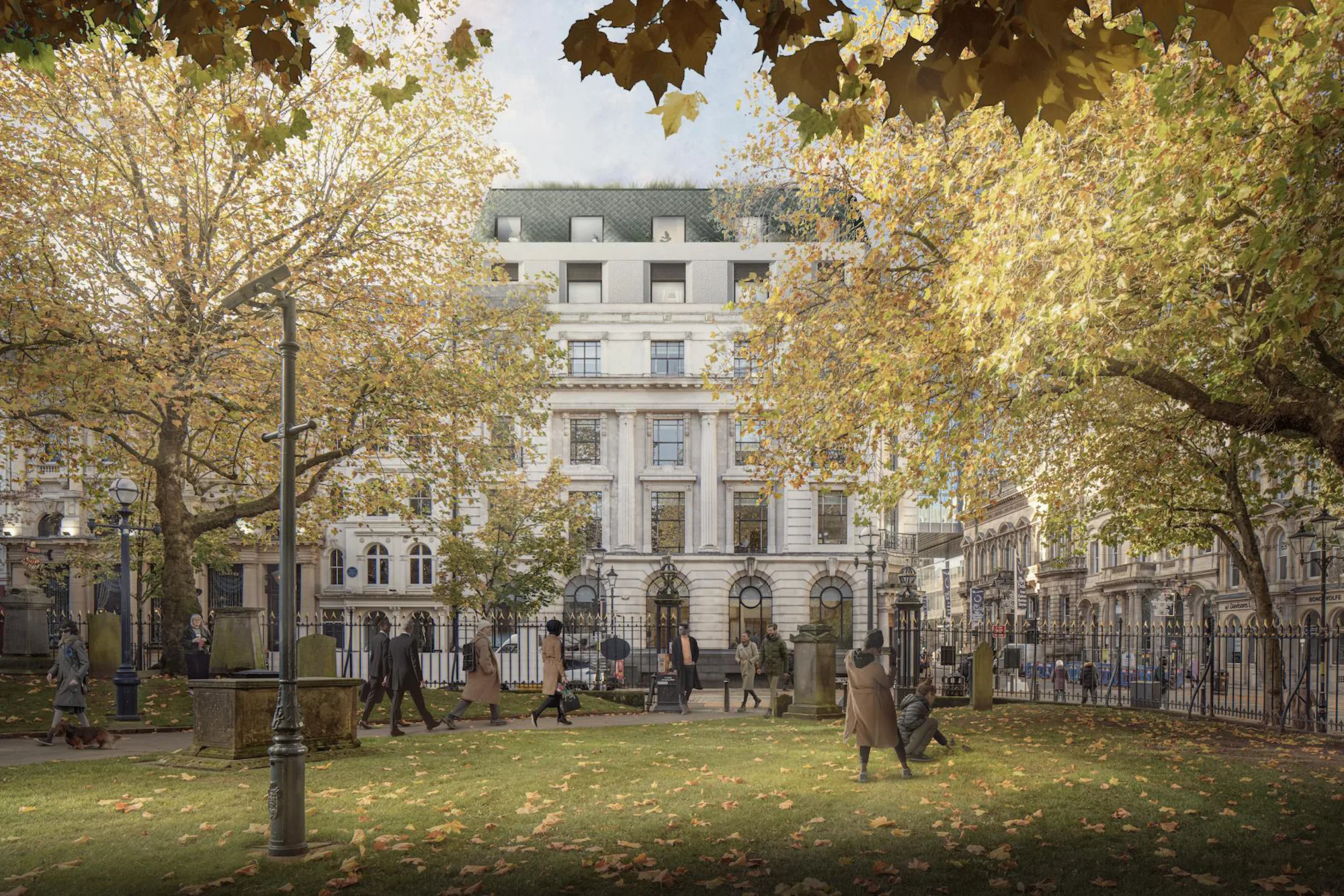 Park view of CGI render of 78-90 Colmore Row with trees and people walking in the park