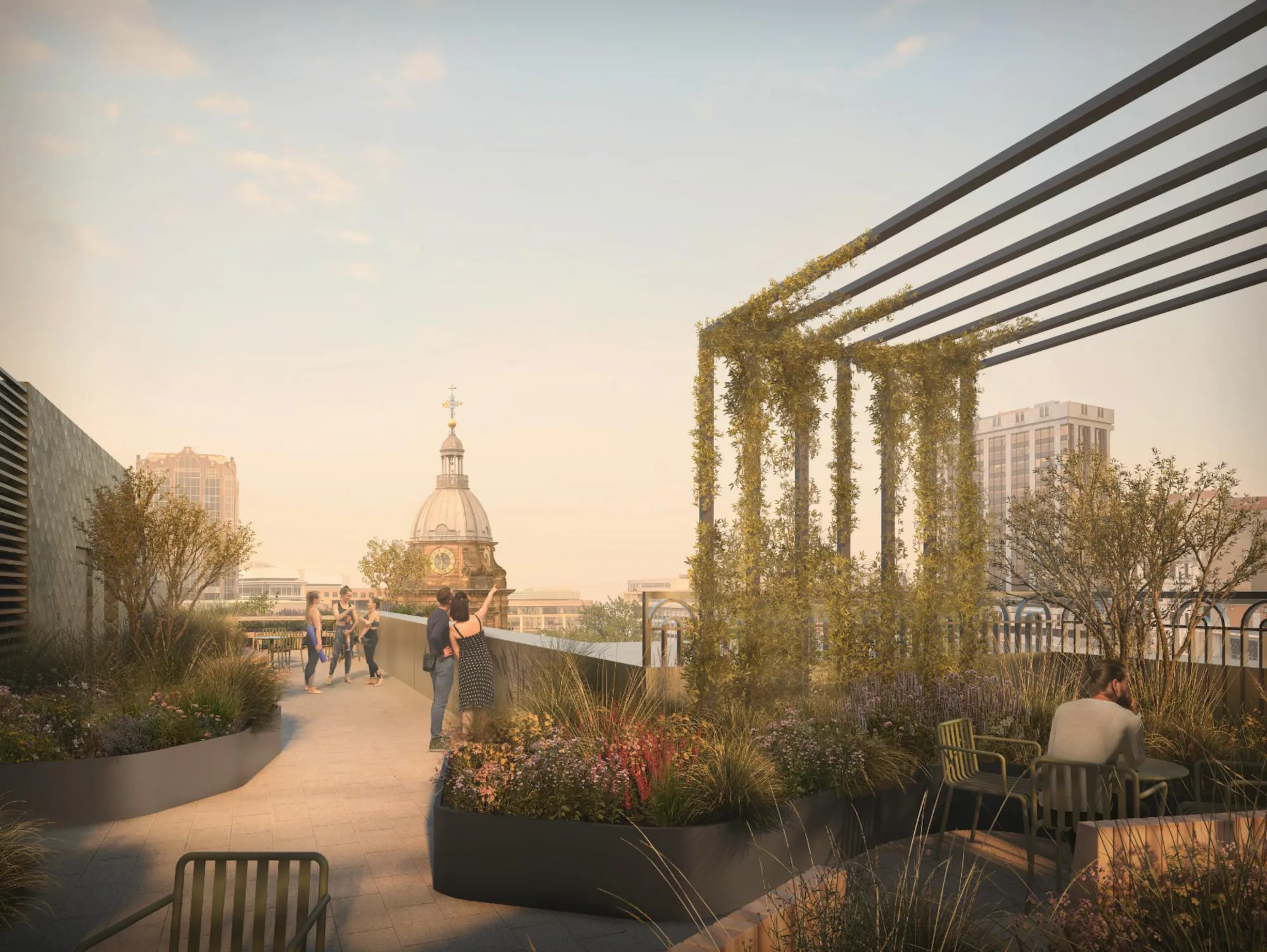 CGI render of 78-90 Colmore Row rooftop with people looking out at Birmingham in the distance