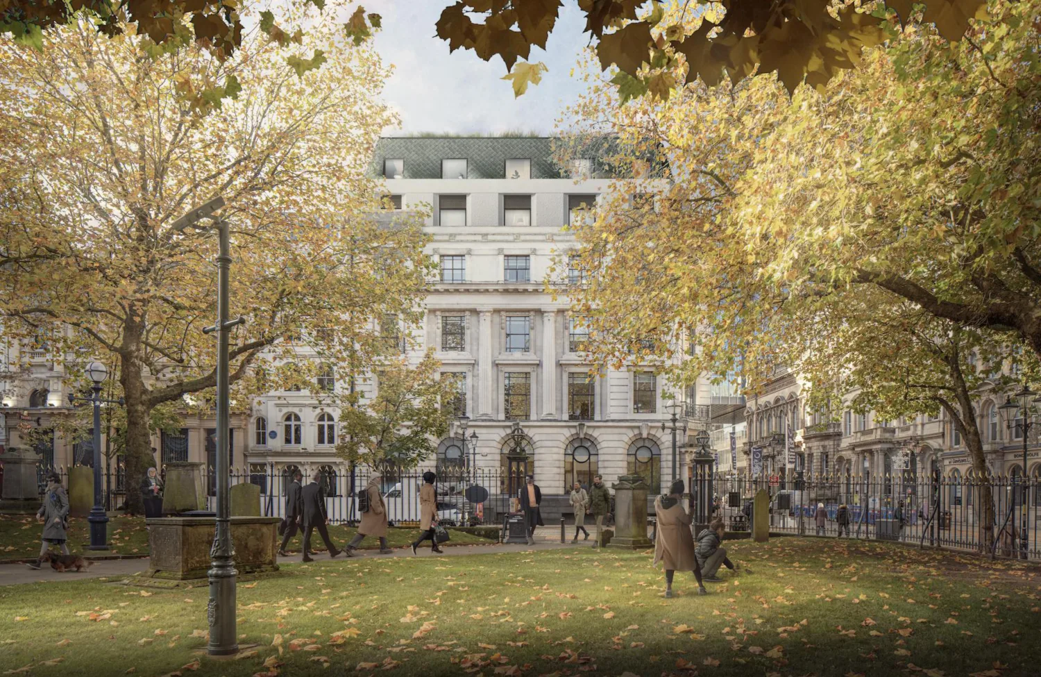 Park view of CGI render of 78-90 Colmore Row with trees and people walking in the park