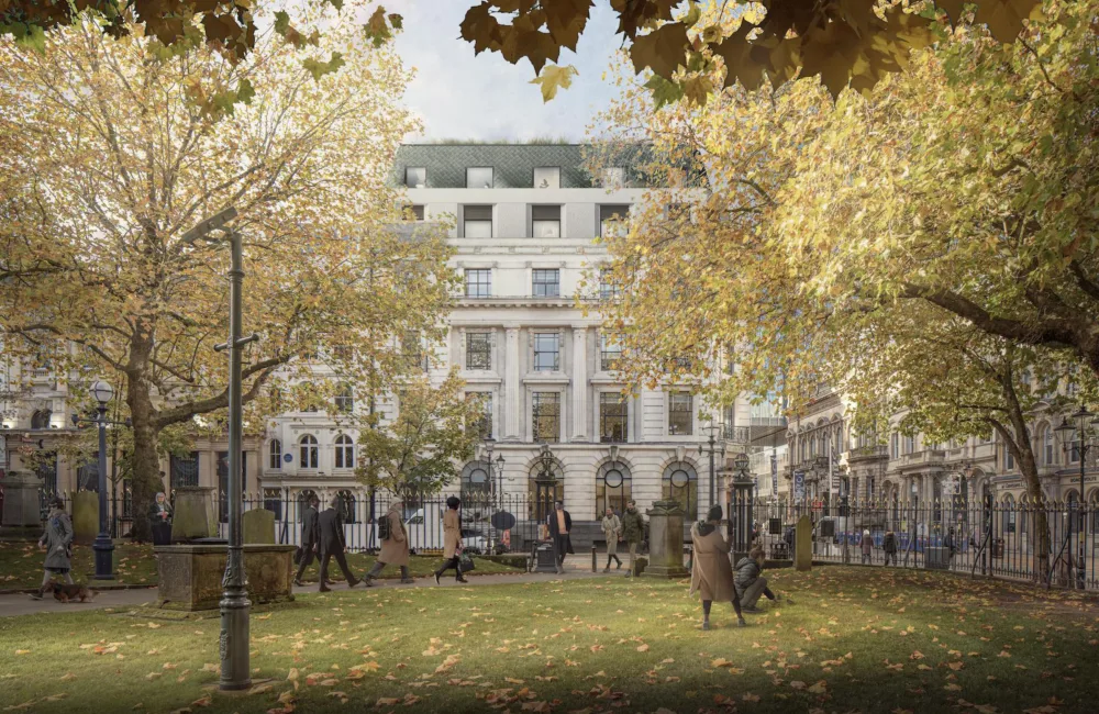 Park view of CGI render of 78-90 Colmore Row with trees and people walking in the park