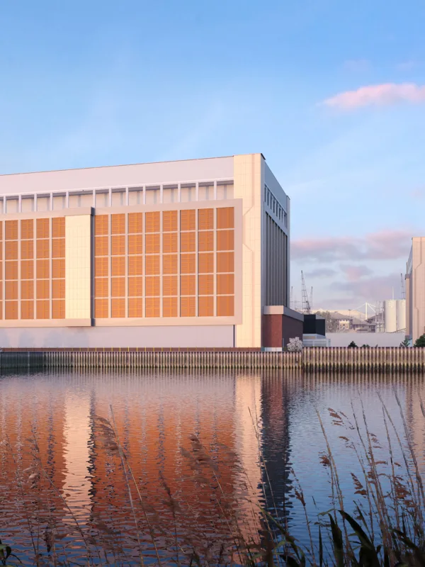 Daytime view of Ada Infrastructures Docklands Data Centre from across the water