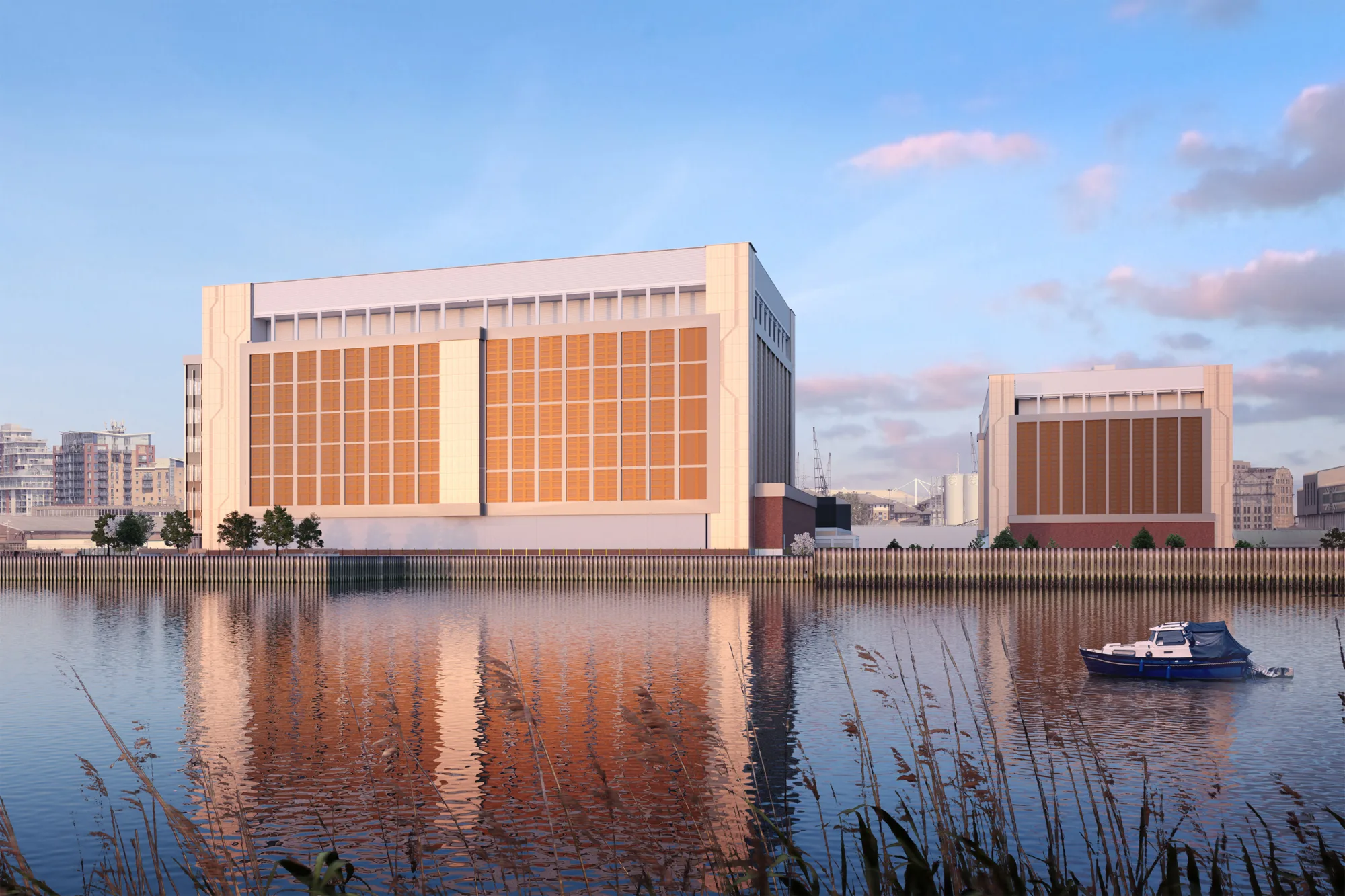 Daytime view of Ada Infrastructures Docklands Data Centre from across the water