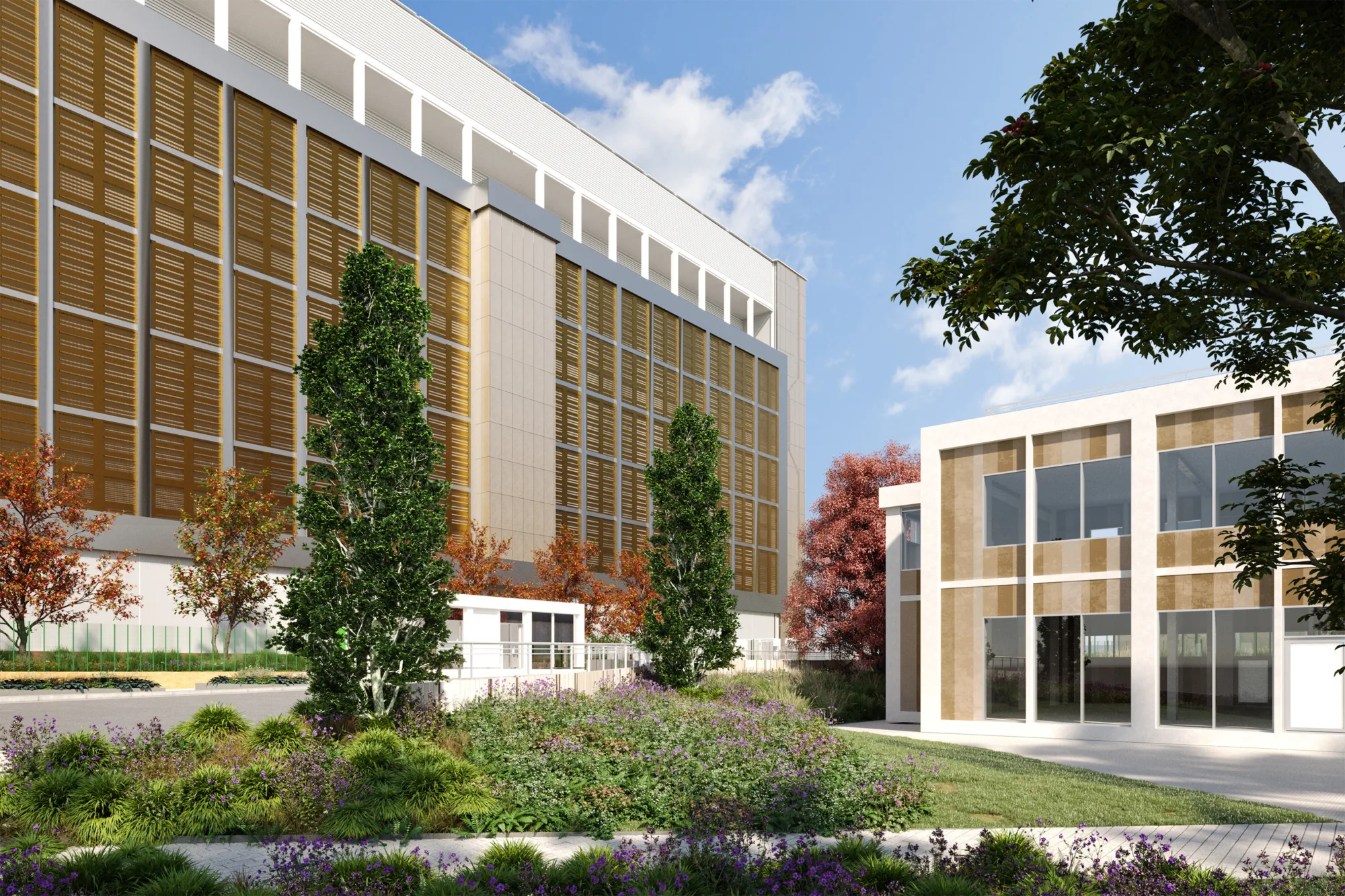 Daytime view of Ada Infrastructures Docklands Data Centre with a green garden in between the buildings