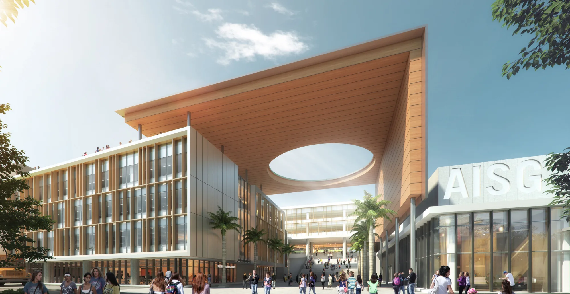 Image of the school which shows the exterior design such as using wood as the main materials for the roof which had a circular hole on it.