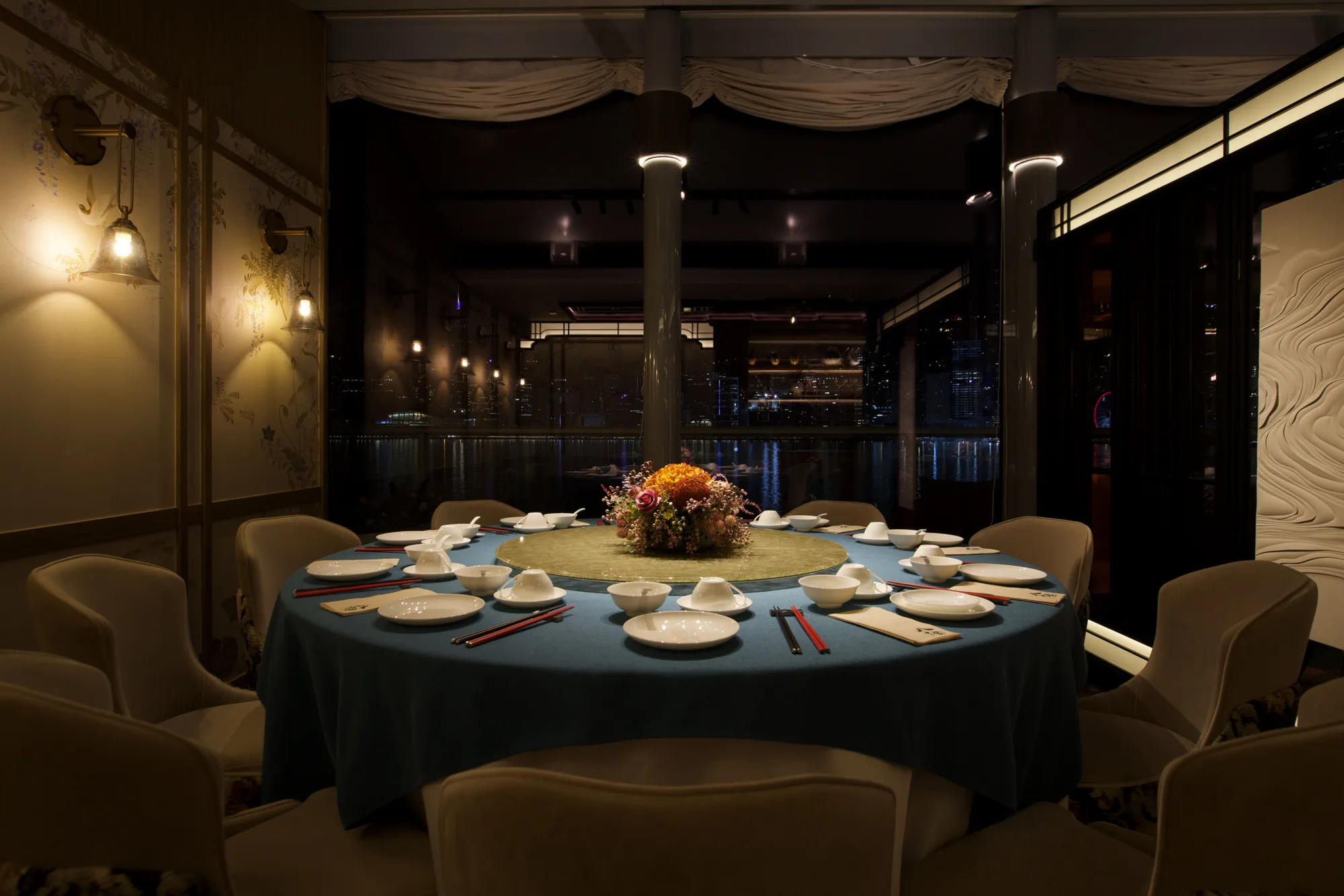 The luxurious private dining room with the magnificent harbour view