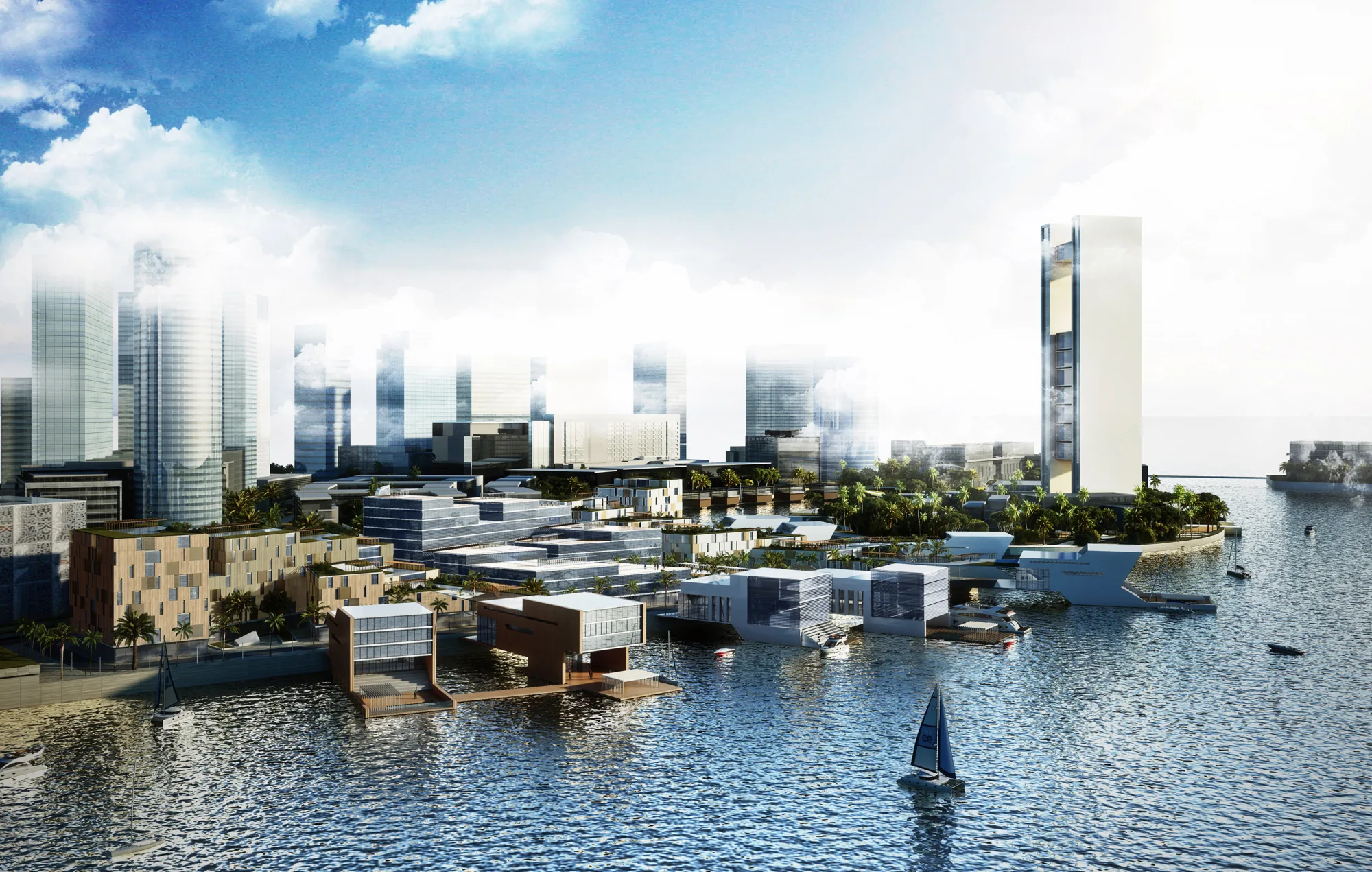 Computer generated image of Bahrain Bay with buildings, docks and yachts