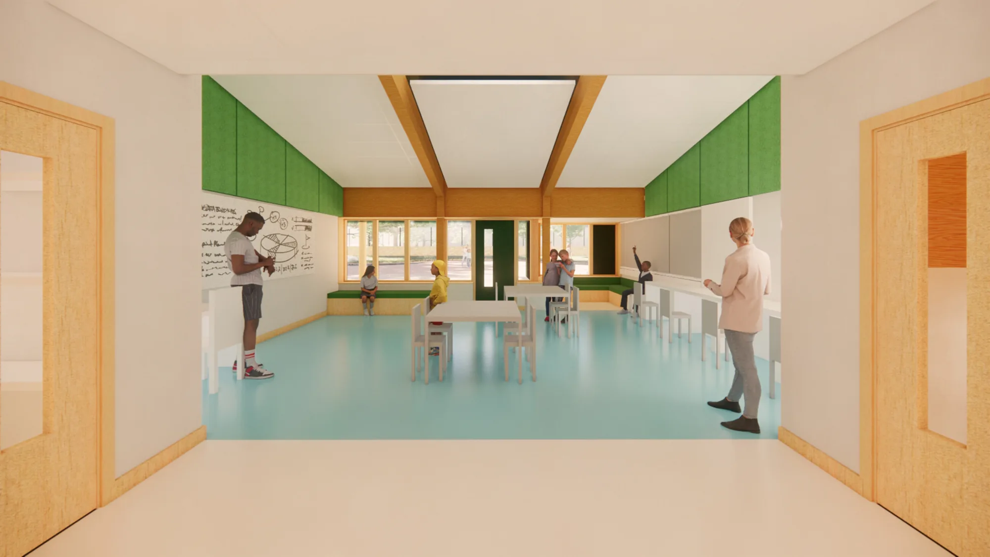 Bright classroom with green acoustic boards.