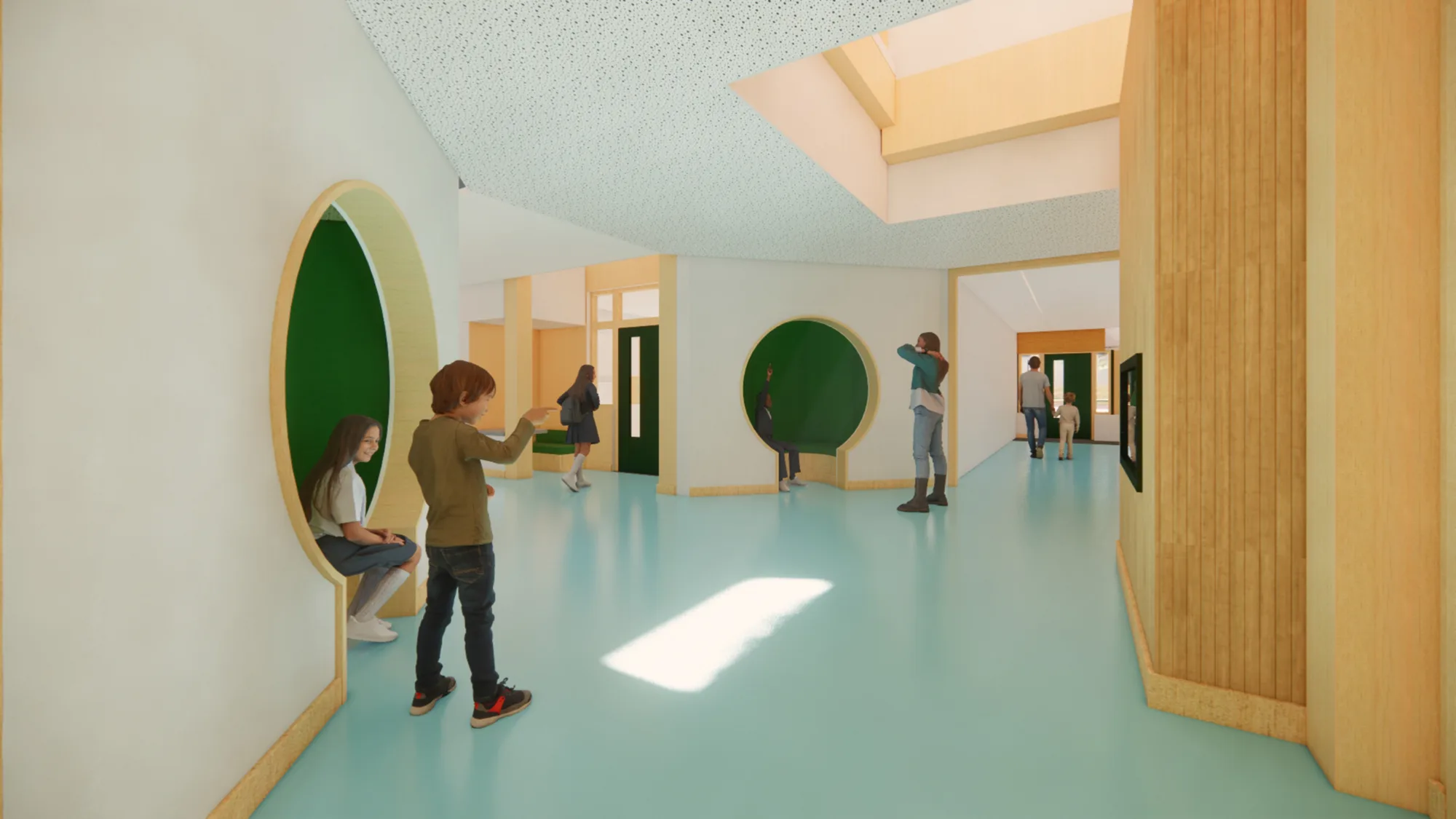 Bright hallway with children walking through it.