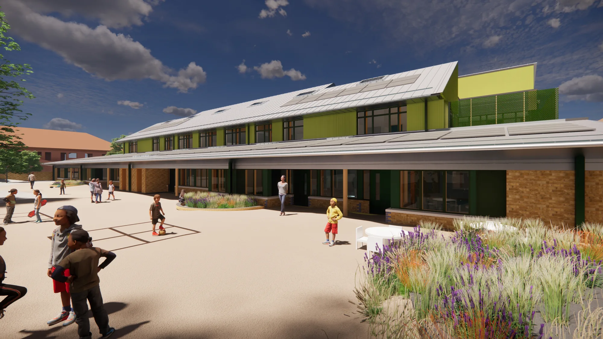 Children's playground on a sunny day, with wildflower planters.