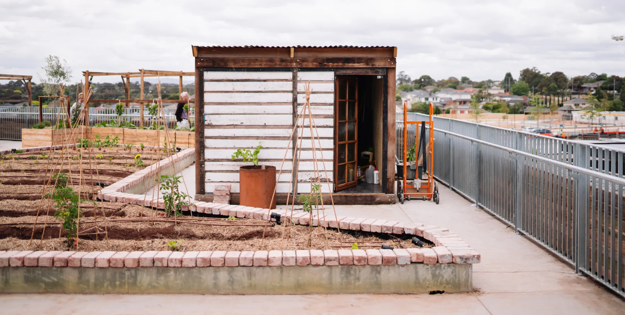 Freshly planted garden beds and potting shed onsite.